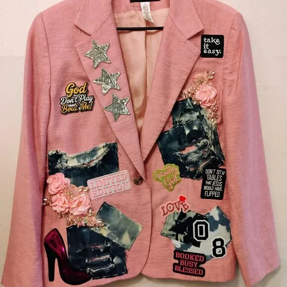 Pretty in Pink Size 16 blazer with patches - thrifted, dry cleaned and designed! - Picture 2 of 5